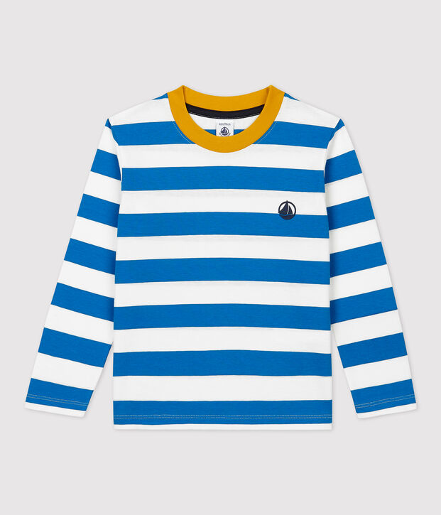 Tee-shirt manches longues en coton enfant gar&ccedil;on bleu/blanc